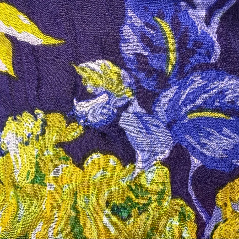 Isaac Mizrahi Blue Yellow Floral Scarf Fringe Wrap Shawl 70x26 OS